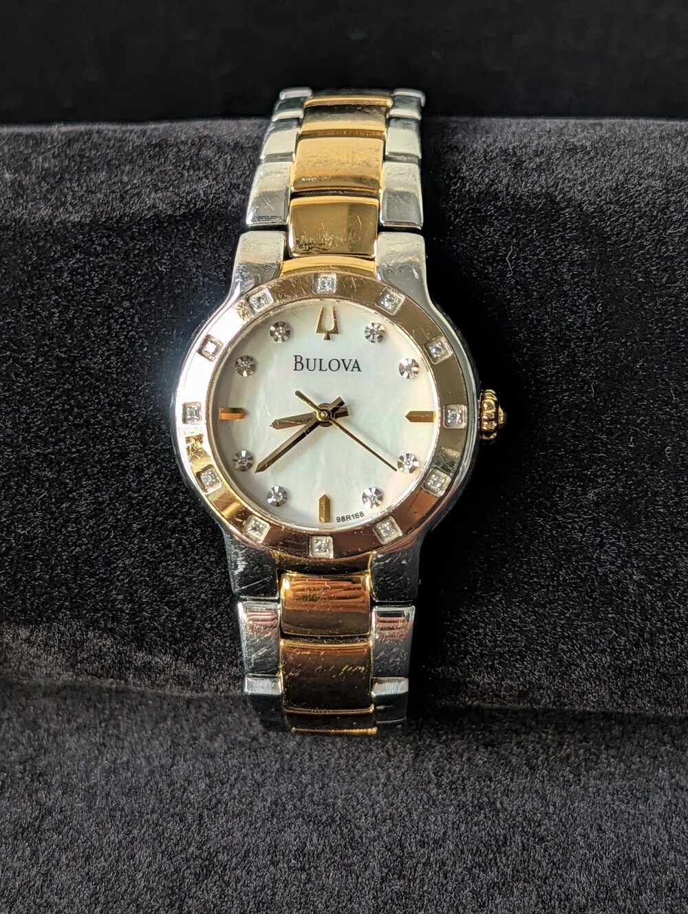 Bulova 98R168 Two Tone Crystal Watch Mother of Pearl Dial Women's
